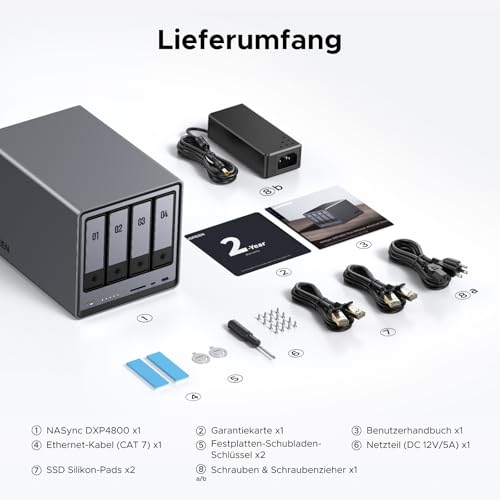 UGREEN NASync DXP4800 4-Bay NAS Server, Intel N100 Quad-Core, 8GB DDR5, 2×2,5GbE LAN, 2×M.2 NVMe-Steckplätze, 4K HDMI, Kompatibel mit Drittanbieter NAS Festplatten/HDD für Heim & Büro (Diskless)