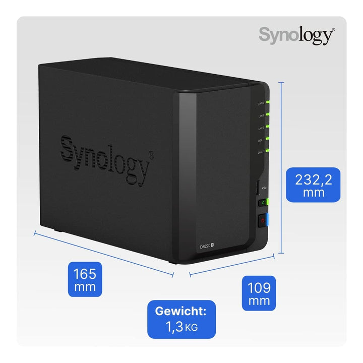 Synology DS220+ 2TB 2 Bay Desktop NAS System, installiert mit 2 x 1TB Western Digital Red Festplatten
