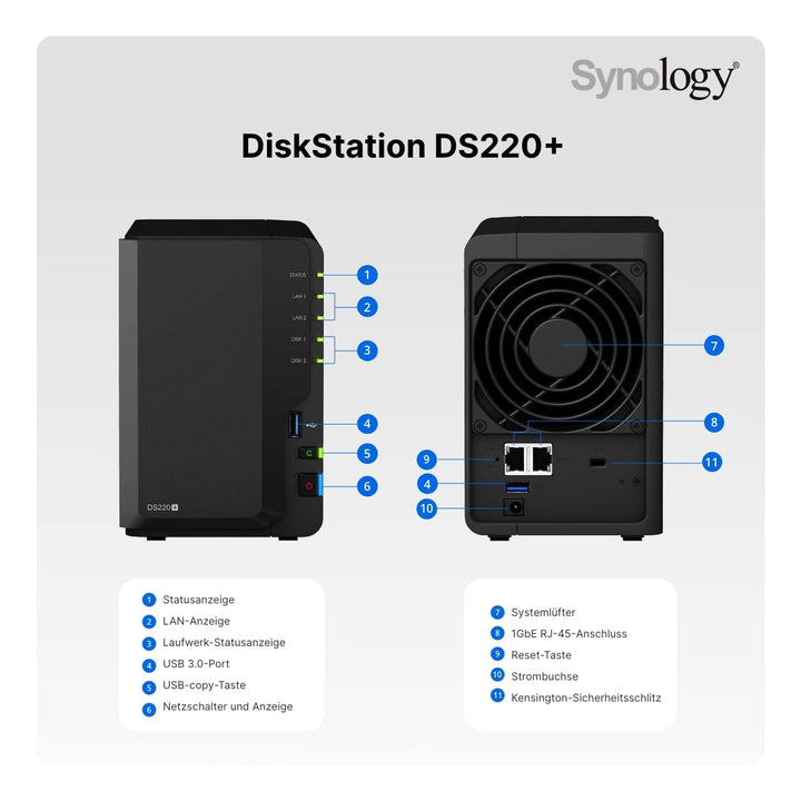 Synology DS220+ 2TB 2 Bay Desktop NAS System, installiert mit 2 x 1TB Western Digital Red Festplatten