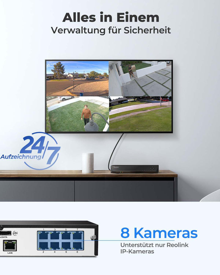 Reolink 8CH 4K PoE NVR Überwachungssystem Rekorder mit 2TB Festplatte, Videoüberwachung für Haus, Innen, Aussen Sicherheit. Unterstützt 16MP/12MP/4K/5MP/4MP HD IP Kameras, RLN8-410
