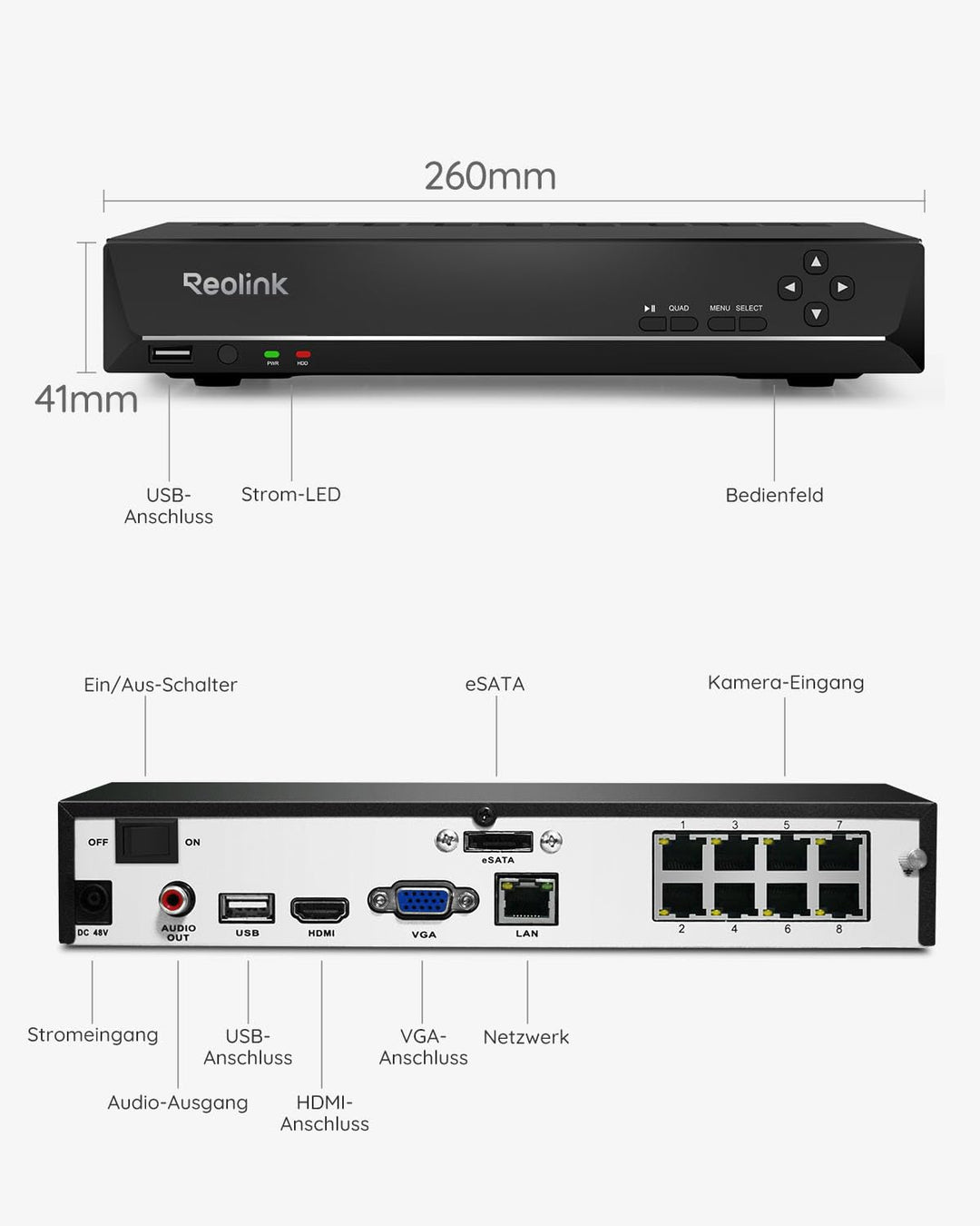 Reolink 8CH 4K PoE NVR Überwachungssystem Rekorder mit 2TB Festplatte, Videoüberwachung für Haus, Innen, Aussen Sicherheit. Unterstützt 16MP/12MP/4K/5MP/4MP HD IP Kameras, RLN8-410