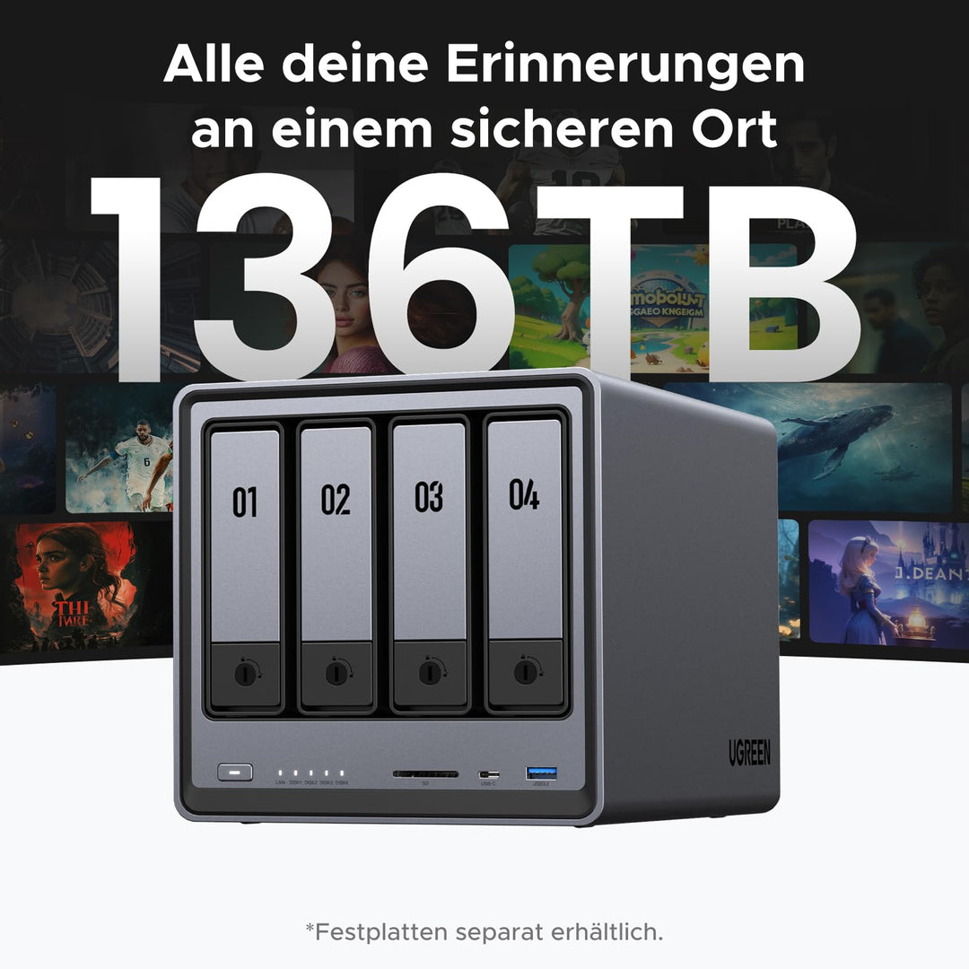 UGREEN NASync DXP4800 4-Bay NAS Server, Intel N100 Quad-Core, 8GB DDR5, 2×2,5GbE LAN, 2×M.2 NVMe-Steckplätze, 4K HDMI, Kompatibel mit Drittanbieter NAS Festplatten/HDD für Heim & Büro (Diskless)
