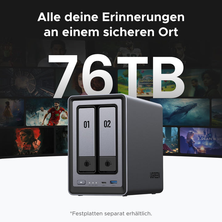 UGREEN NASync DXP2800 2-Bay NAS Server, Intel N100 Quad-Core, 8GB DDR5, 2,5GbE LAN, 2×M.2 NVMe-Steckplätze, 4K HDMI, Kompatibel mit Drittanbieter NAS Festplatten/HDD für Heim & Büro (Diskless)