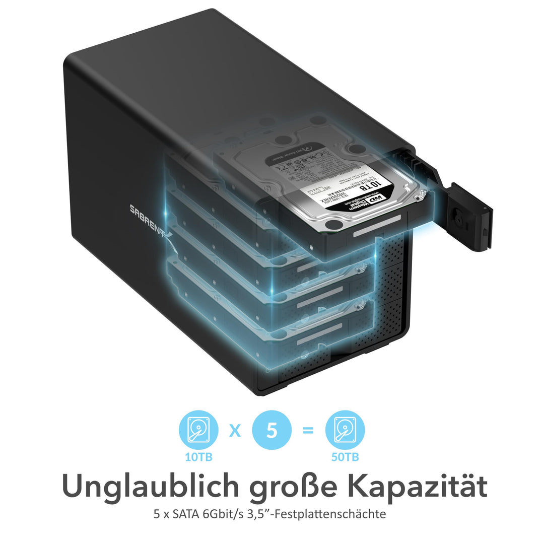 SABRENT 5 Bay Festplatten Docking Station USB C 10Gbps SSD HDD Dock, Kompatibel mit 2,5" 3.5" SATA (DS SC5B)